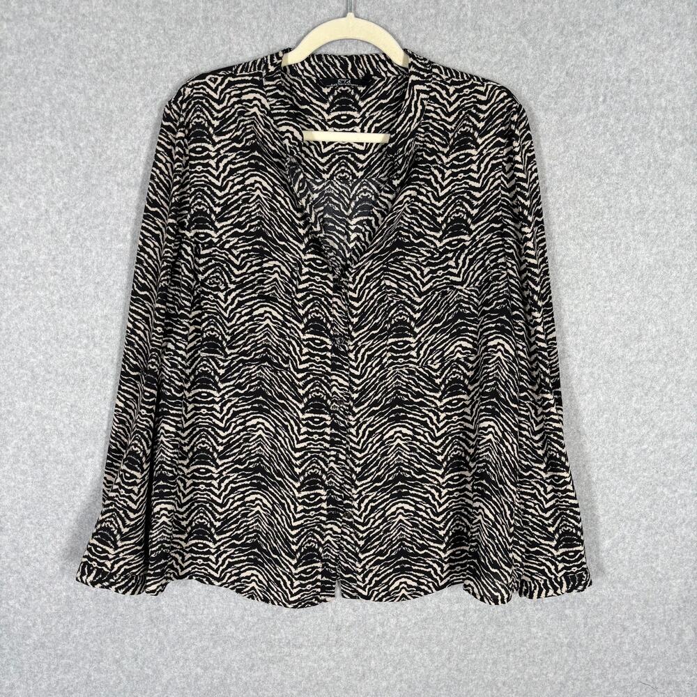RTA Blouse Large‎ Black Cream Button Zebra Animal Neutral Capsule Career Office